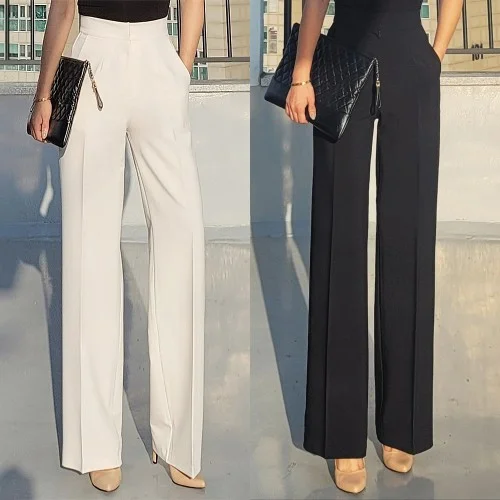 여름 쿨링 하이웨스트 와이드팬츠 밴딩 세미와이드팬츠 일자 여자정장바지 여성화이트슬랙스