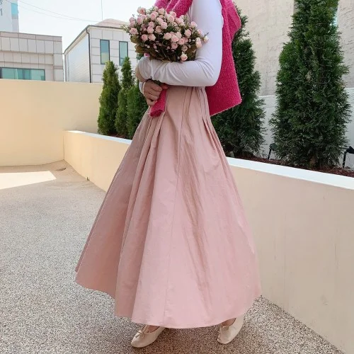 핀턱 주름 플레어 바스락 스커트 풀 A라인 롱스커트 밴딩 봄 여름 검정 치마 베이지 핑크