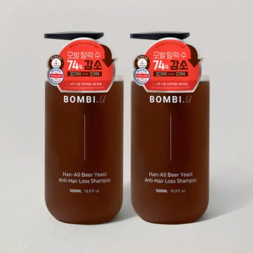 봄비유 한올 맥주효모 바이오틴 지성 카페인 두피케어 탈모 완화 쿨링 샴푸 500ml, 2개