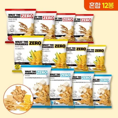 [06086] 왓더파머스 제로 저당 건강간식 무설탕 혼합 세트 옥수수,현미칩,두부과자, 25g, 12개