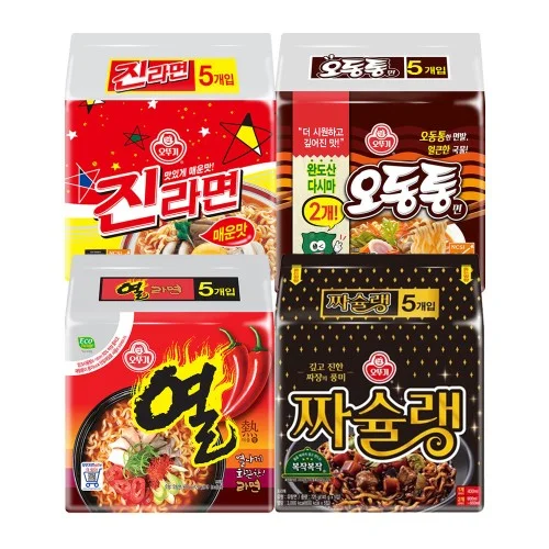[09231] 오뚜기 진라면 매운맛 120g 5개+짜슐랭 145g 5개+오동통면 120g 5개+열라면 120g 5개