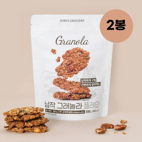 [09592] 조니스그로서리 납작 그래놀라 플레인 수제 통곡물 오트밀 시리얼 200g 2봉