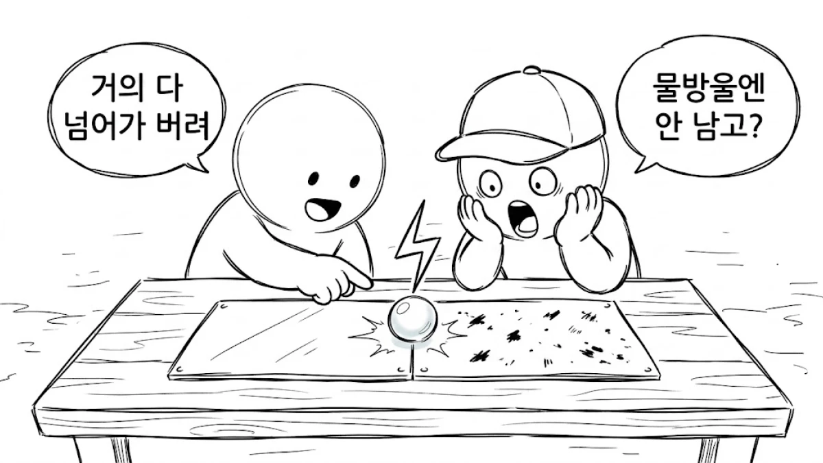 물방울에서 번개 모양 전기가 금속으로 내려가는 만화