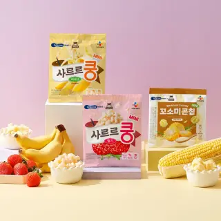 베베쿡 사르르쿵 미니, 바나나 15g 3개 + 딸기 15g 3개 + 꼬소미콘칩 구운옥수수맛, 15g, 3개