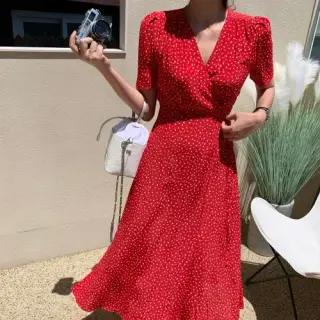 플라워 브이넥 여름원피스 여성 썸머 롱 원피스 꽃무늬 반팔 랩원피스 휴양지 바캉스룩 레드