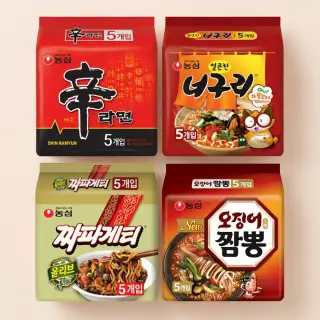 농심, 신라면, 120g, 5봉 + 너구리, 120g, 5봉 + 짜파게티, 140g, 5봉 + 오징어짬뽕, 124g, 5봉