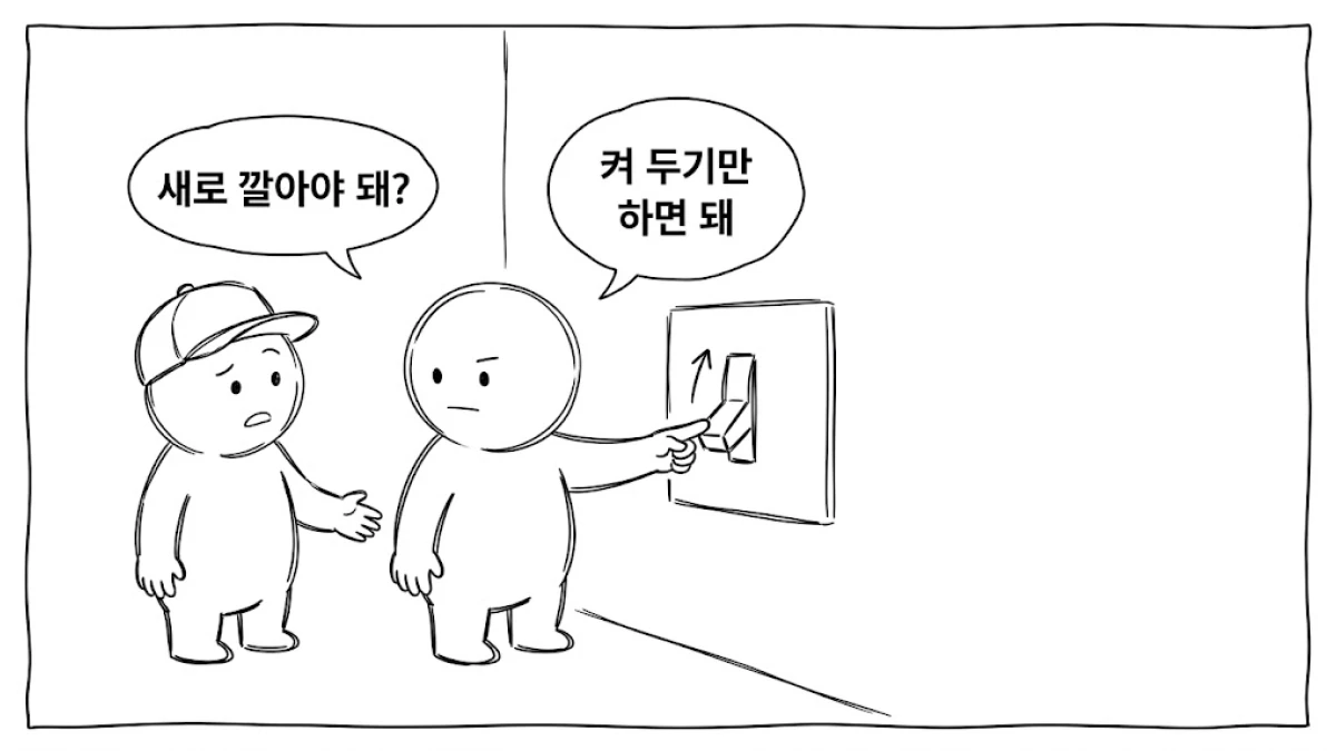 벽에 붙은 스위치를 손가락으로 올리는 만화