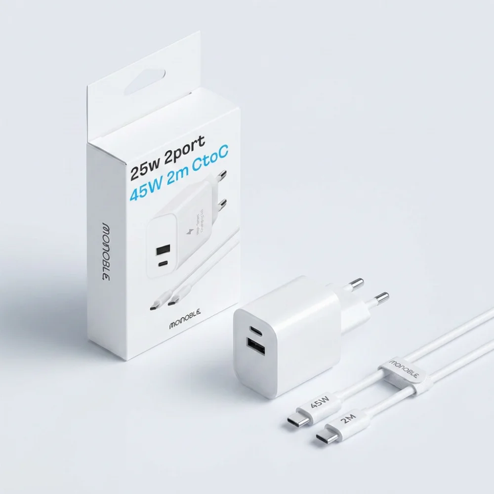 모노블 25W 2포트 초고속 가정용 충전기 + 45W 2m C to C 케이블 세트, 화이트, 1개