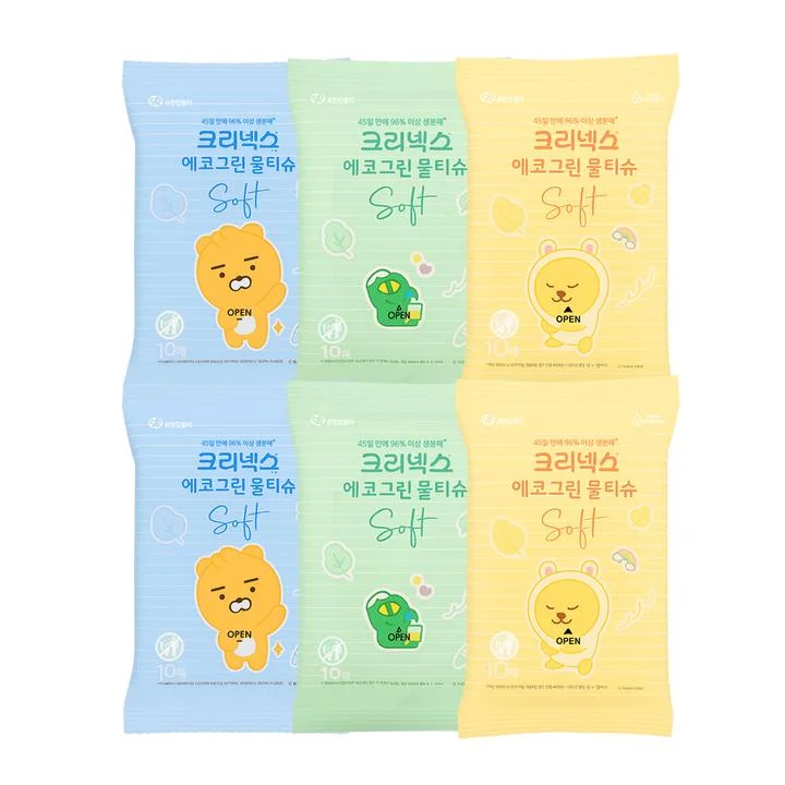 [06218] 크리넥스 에코그린 소프트 리틀카카오프렌즈 물티슈 휴대형, 10매, 6개입