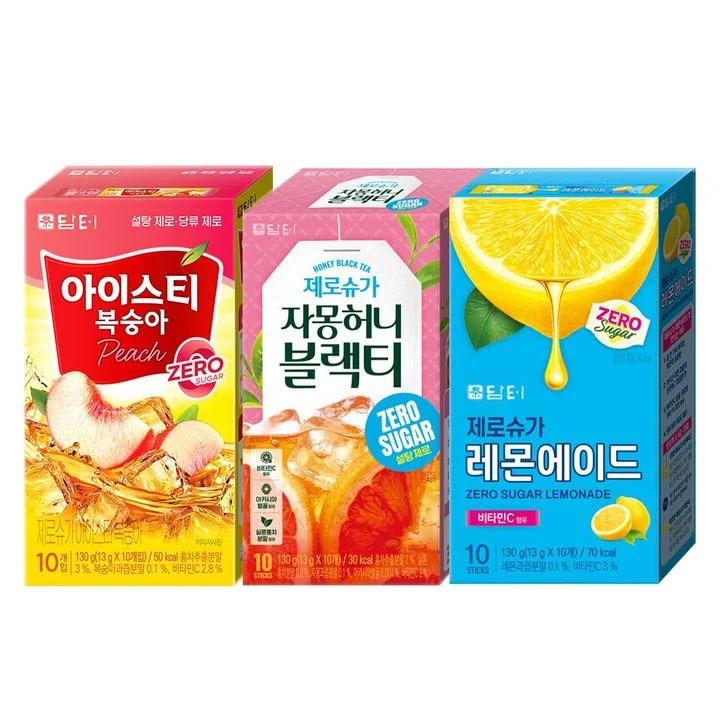 [08627] 담터 제로슈가 음료 3종 세트, 복숭아 아이스티 + 자몽 허니 블랙티 + 레몬에이드, 13g, 30개, 1개