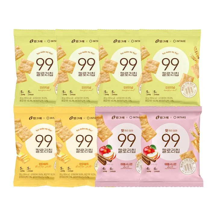 [08661] 빙그레 99칼로리칩, 오리지널 30g 4개 + 버터솔트 30g 4개 + 애플시나몬 30g 2개