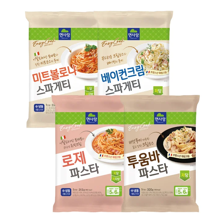 [08662] 면사랑 미트볼로냐 스파게티, 330g, 1개 + 베이컨크림 스파게티, 330g, 1개 + 로제 파스타, 313g, 1개 + 투움바 파스타, 320g, 1개