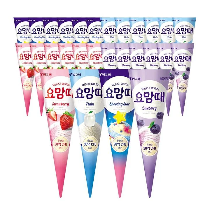 [08744] 빙그레 요맘때콘 아이스크림 4종 혼합, 플레인 6개 + 딸기 6개 + 슈팅스타 6개 + 블루베리 6개, 총 24개