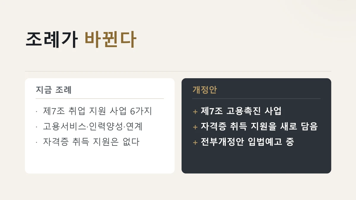 현행 조례 제7조에 자격증 취득 지원이 없어 전부개정으로 넣는다는 것을 정리한 그림