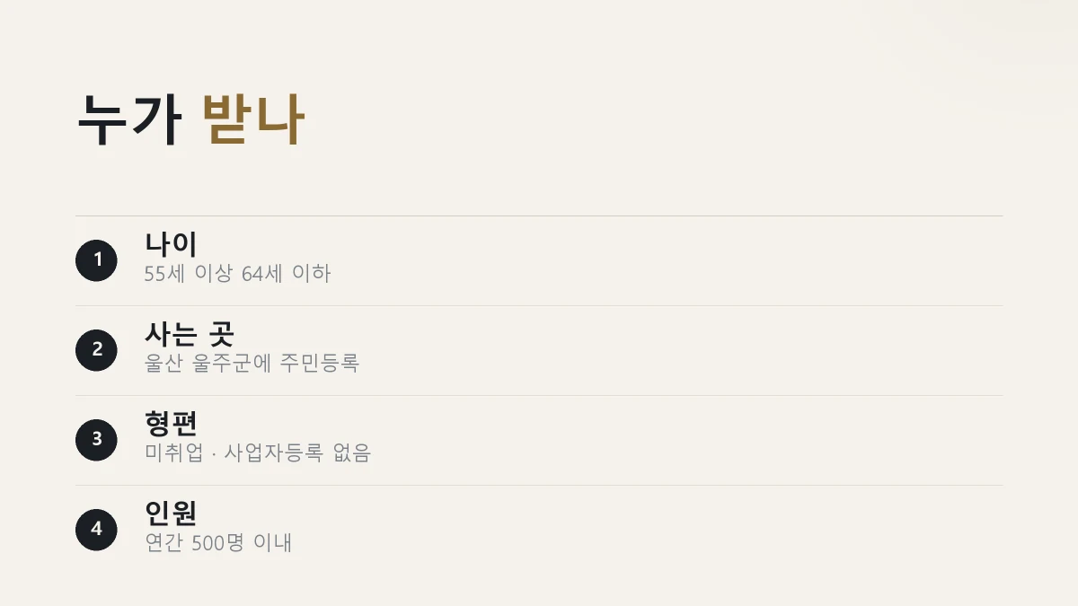 지원 대상이 55세에서 64세 미취업 군민이고 연간 500명 이내라는 것을 정리한 그림